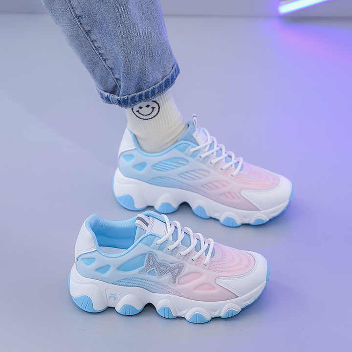 Rhinestone Decor Lace-up Front Sneakers, Blue Pink